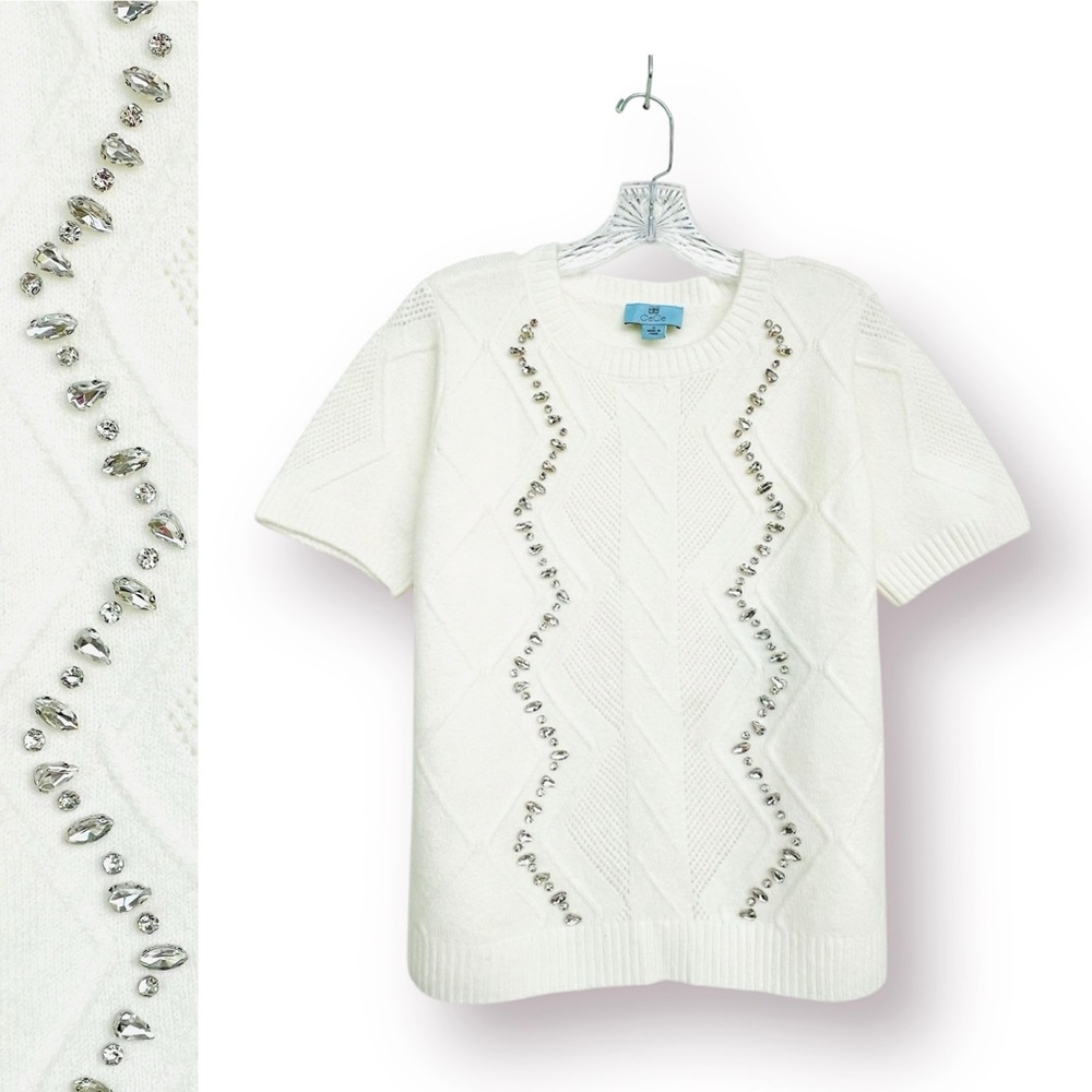 CeCe Embellished Cable Knit Sweater Short Sleeve Crew Neck Antique White Stretch